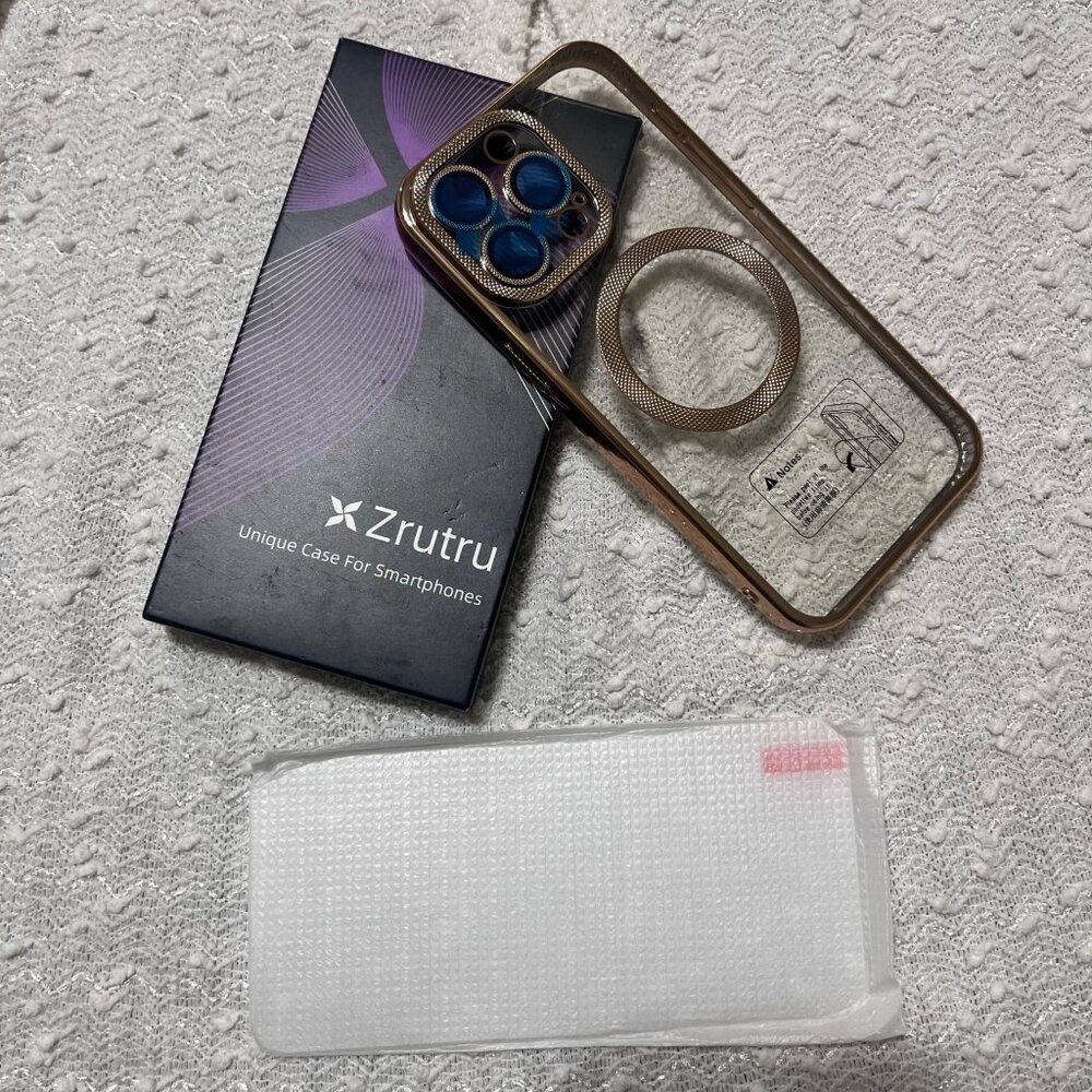 Zrutru Phone Case for IPhone 15 Pro Max Clear and Gold With Screen‎ Protector